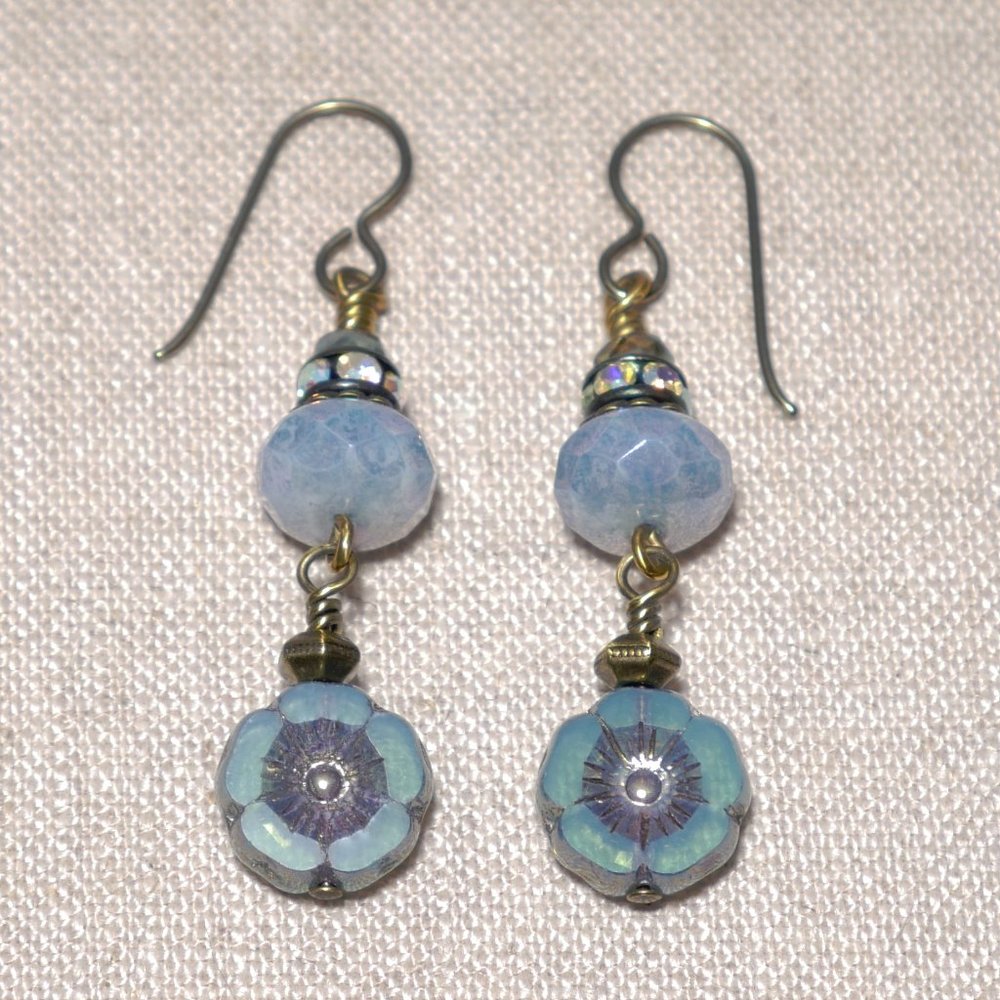 Hand Crafted Handmade Earrings Blue Opalite Czech Glass & Rhinestone Ear…
